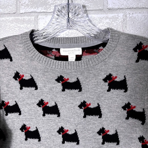 Charter Club Scottie Dog Sweater Petite M Gray Novelty Knit Preppy Classic Dogs - Picture 4 of 9